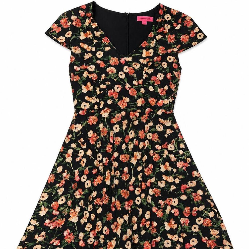Betsey Johnson Black Floral Fit & Flare Mini Dress Cottagecore Size 2 - Picture 2 of 5